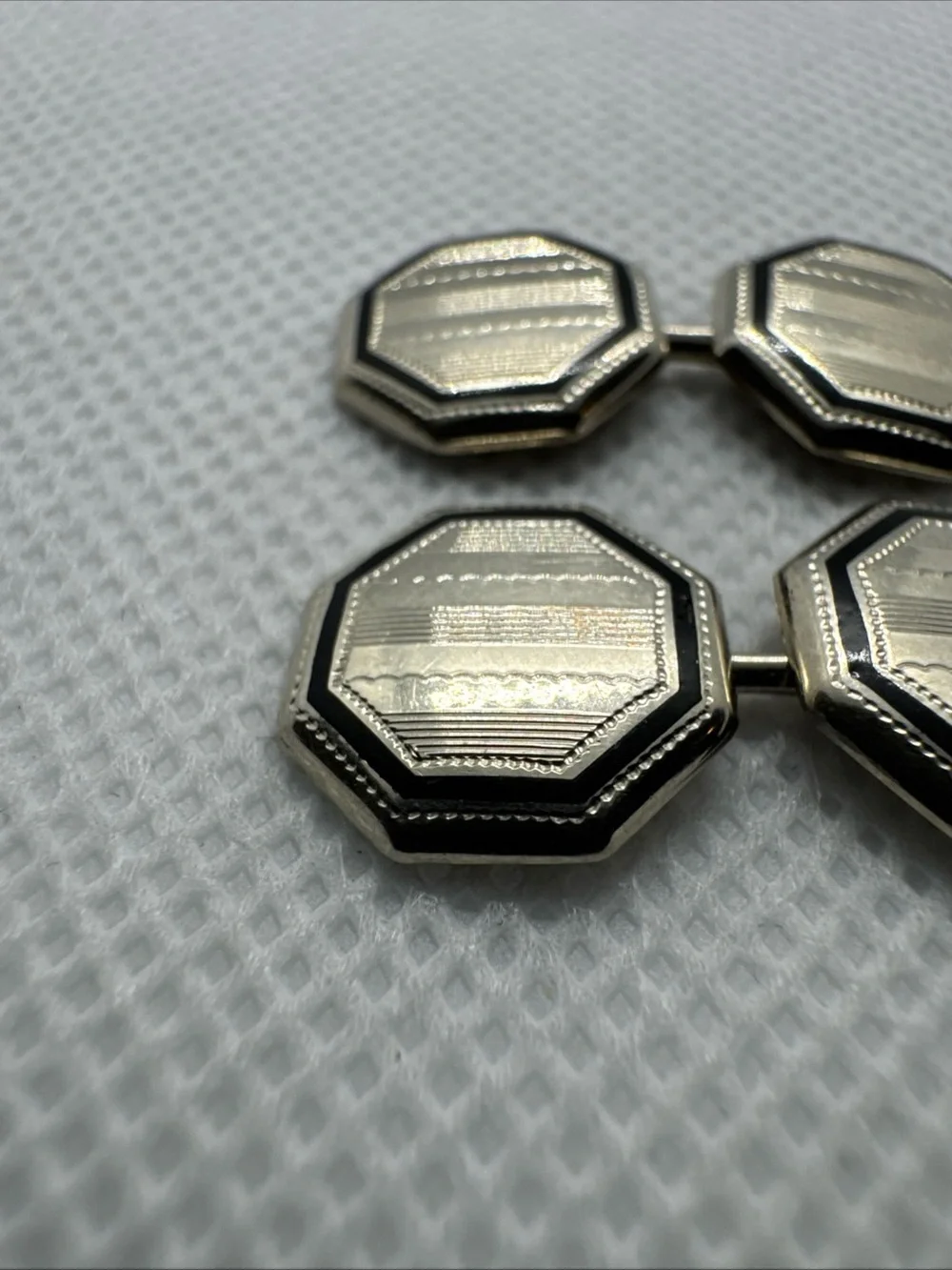 Antique Art Deco 14K White Gold Enamel Guilloche Engraved Cufflinks 3.79g